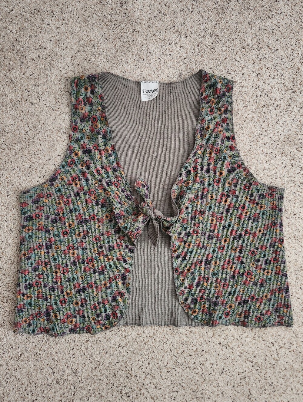 Flapdoodles Vintage Floral Crop Top in Olive with Multicolor Flowers